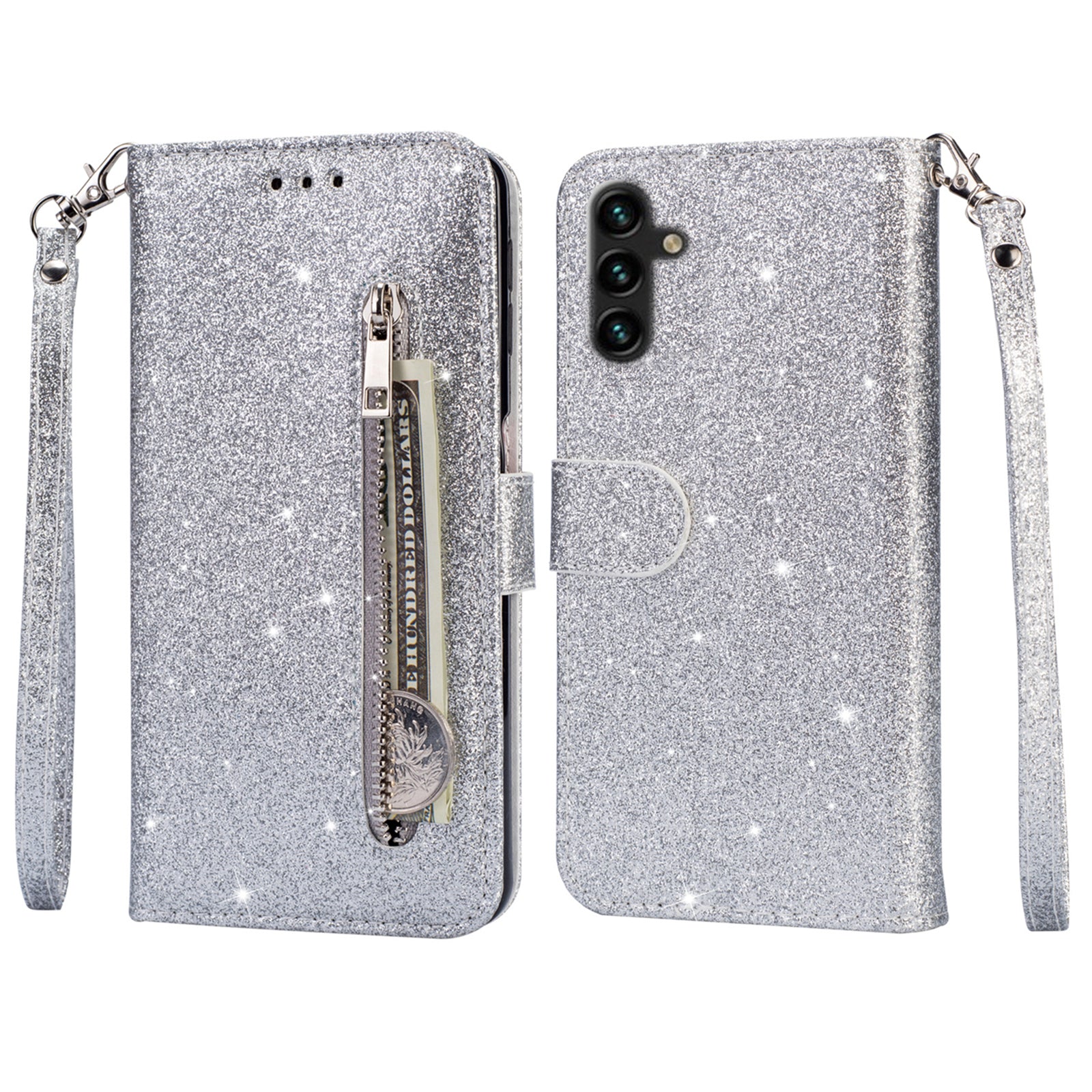 For Samsung Galaxy A55 5G Cell Phone Case Zipper Pocket Wallet Glitter Leather Drop-proof Cover - Silver For Samsung Galaxy A55 5G Cell Phone Case Zipper Pocket Wallet Glitter Leather Drop-proof Cover - Silver